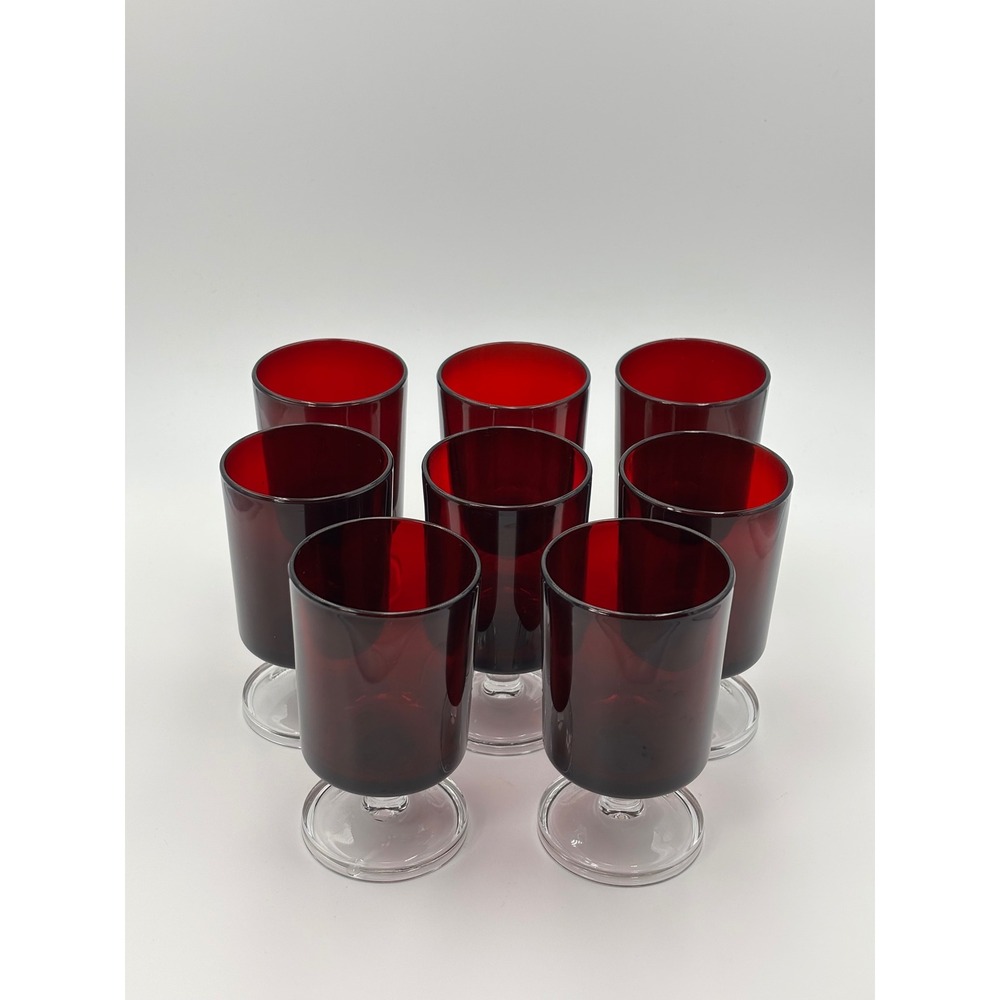 Vintage Ruby Red‎ Footed Juice Glasses Set of 8 Mid Century Modern Clear Base